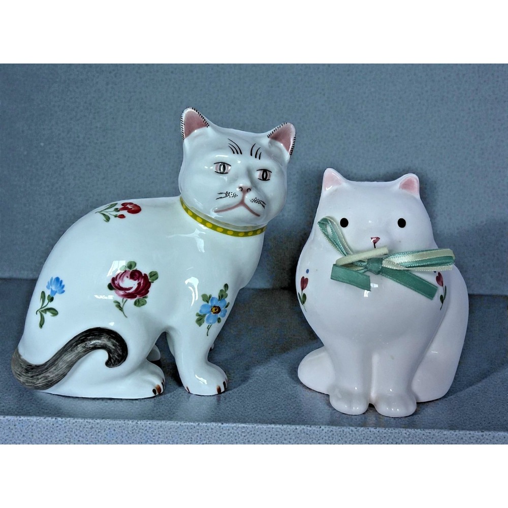 Vintage White Floral Cat Figure Porcelain‎ Bow Chubby Hand painted Home Deco